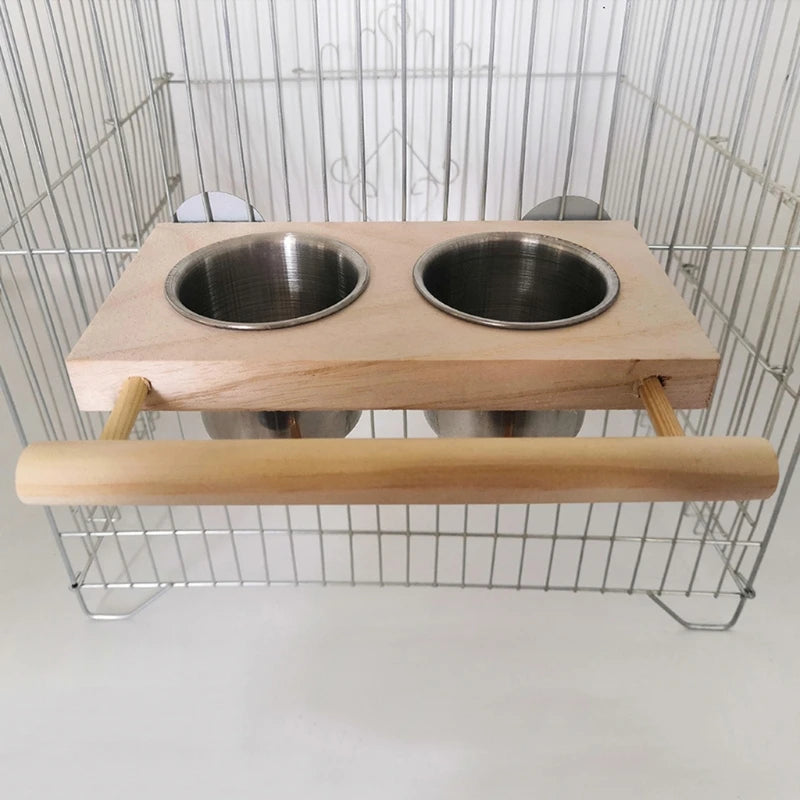 Bird Perch Feeder Wooden Stand Detachable Stainless Steel Feeding