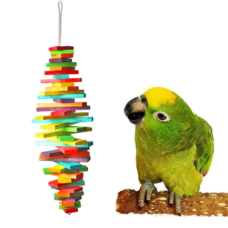 Rainbow Wood Blocks Bird Chew Toy Hanging Chain Cage Parrot Toys