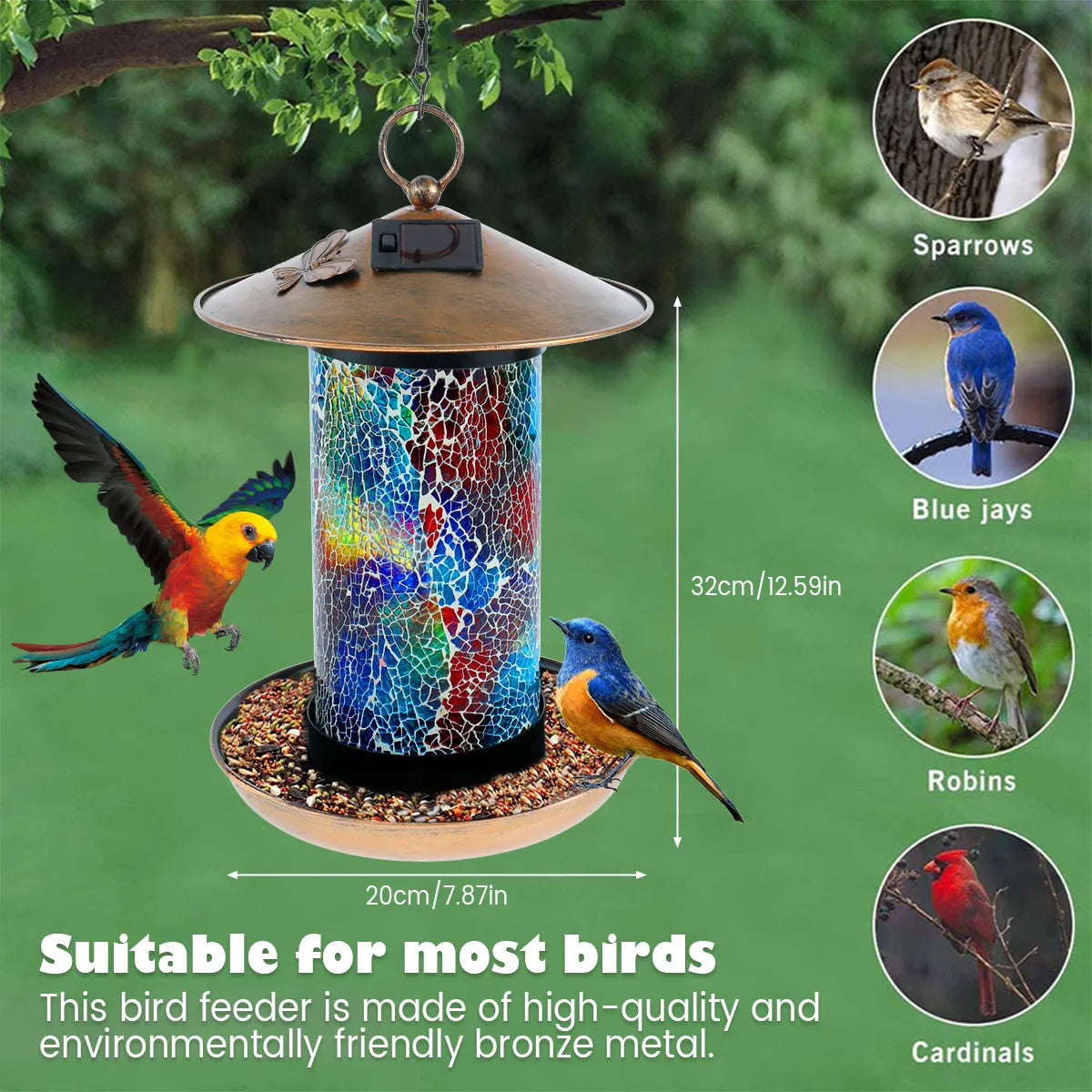 Solar Bird Feeder Light Outdoor Mosaic RGB Pendant Lights Hanging Zpaxo