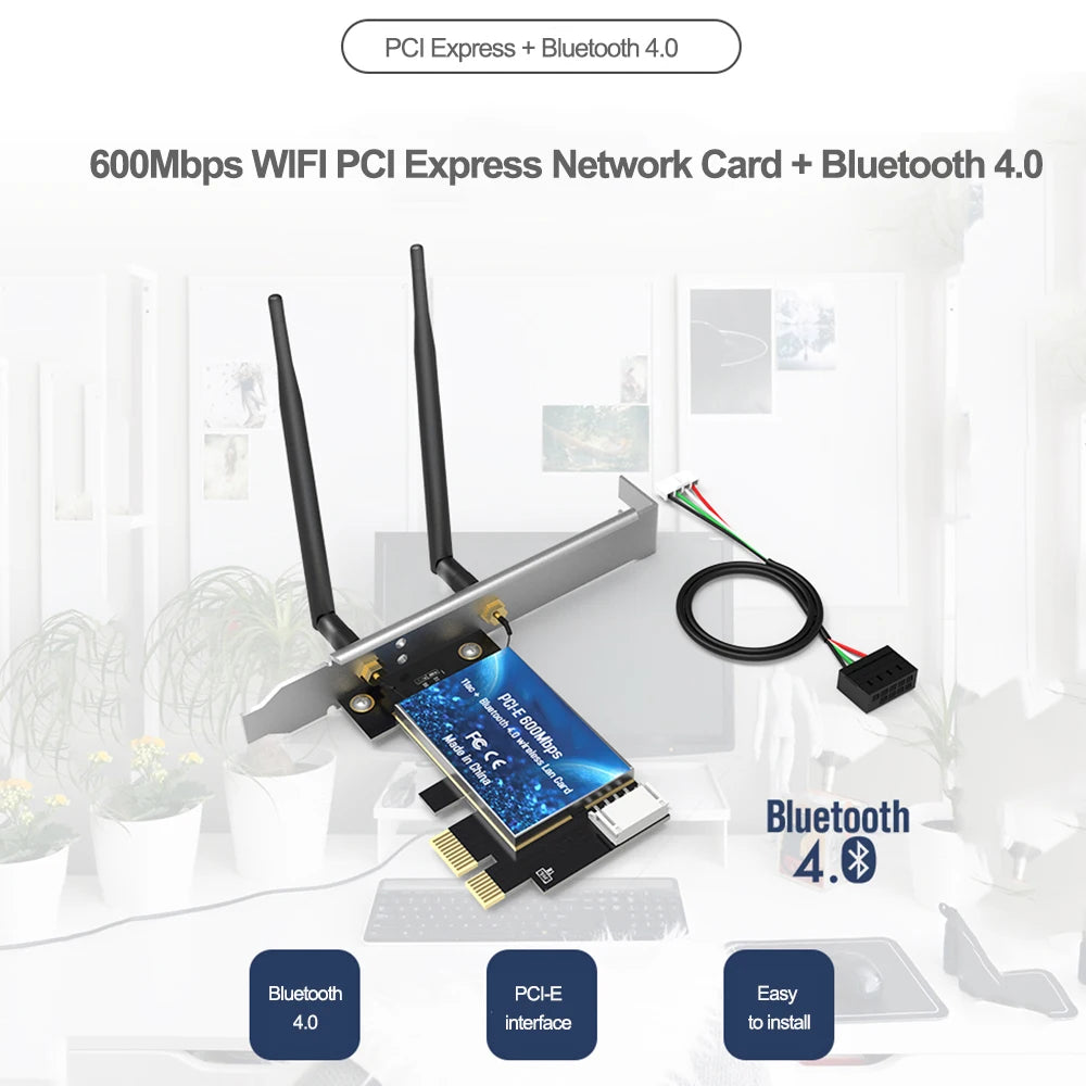 2.4G/5GHz 600Mbps WIFI PCI Express Network Card Wireless Bluetooth-Compatible PCI-E LAN Card 802.11 ac/b/g/n Adapter Zpaxo