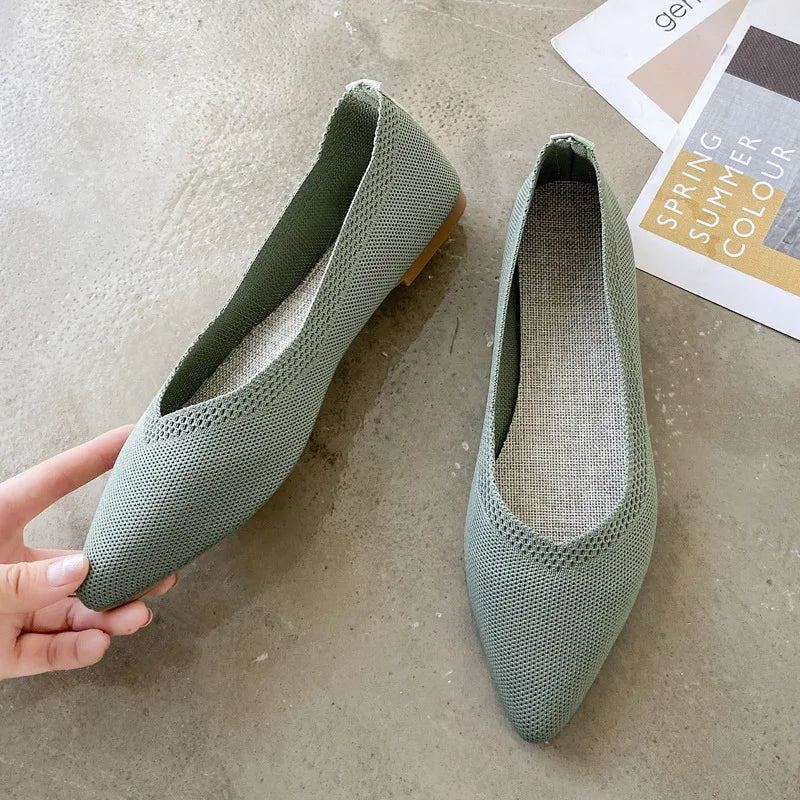 Women's Flat Shoes 2021 Autumn Spring Casual Knitted Pointed Toe Slip-On Woven Solid Work Shoes Flying Woven Shoes Female Shoes Zpaxo Light Grey 40
