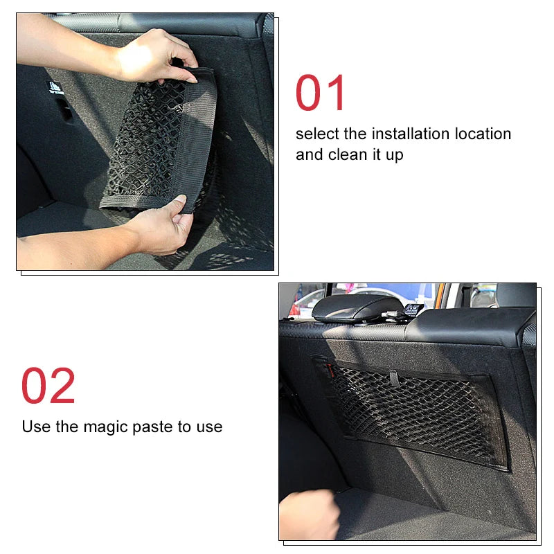 Car Back Rear Trunk Storage Net Seat Elastic String Magic Sticker