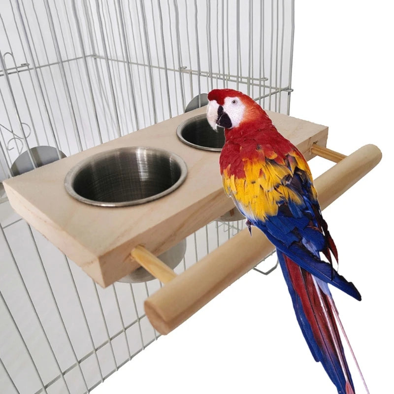 Bird Perch Feeder Wooden Stand Detachable Stainless Steel Feeding