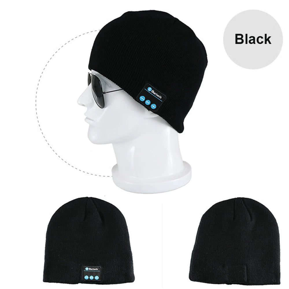 Winter Bluetooth-Compatible Earphone USB Rechargeable Music Headset Warm Knitting Beanie Hat Cap Wireless Sport Headphone Zpaxo black