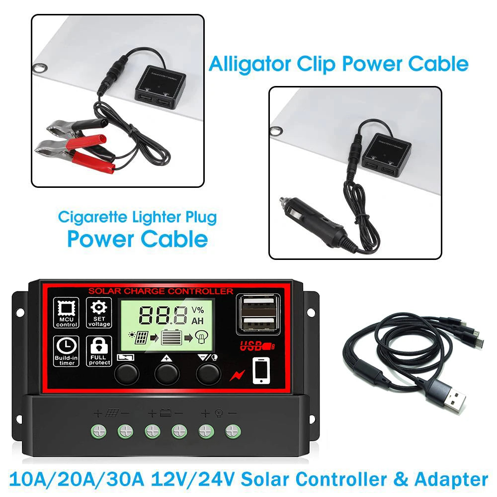 Solar Panel Set 100W Kit Controller Portable USB Generator System 12V 24V Electric Energy Power Charger Camping Board 10/20/30A Zpaxo