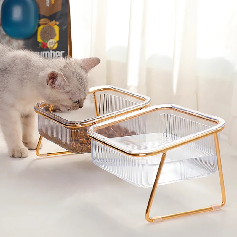 Pet Double Bowl Transparent Foot Cat Drink Water Food Golden Stand