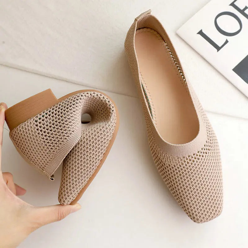 Square toe shoes women's spring/summer 2021 new shallow mouth fly woven breathable soft sole comfortable women's shoes Zpaxo