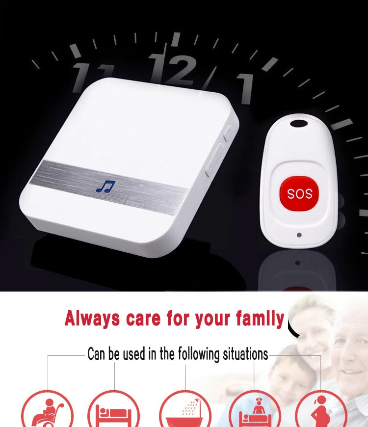 Smart Home Wireless 300M Doorbell Emergency Alarm with Remote Lanyard SOS Button for Elderly People Wireless Pager Doorbell Zpaxo