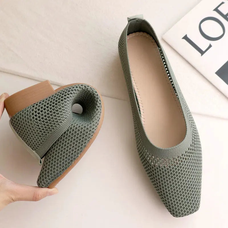 Square toe shoes women's spring/summer 2021 new shallow mouth fly woven breathable soft sole comfortable women's shoes Zpaxo