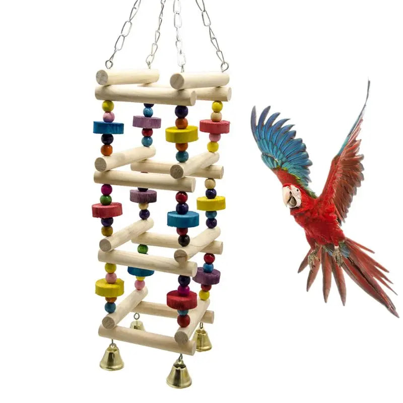 Colorful Wooden Bird Parrot Swing Ladder Toy Bell Hanging Chewing