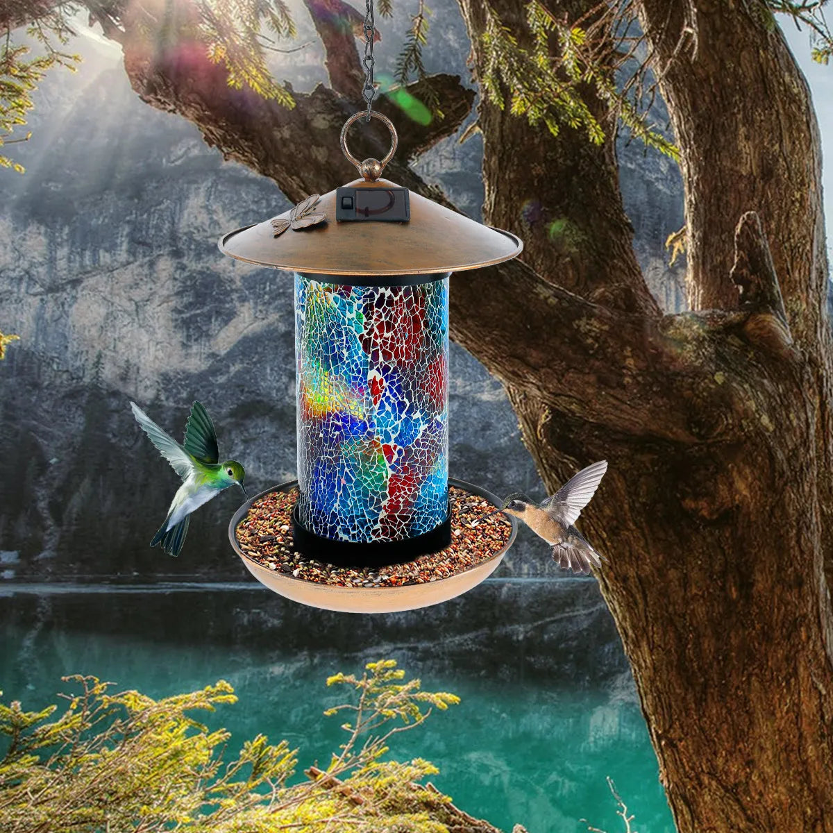 Solar Bird Feeder Light Outdoor Mosaic RGB Pendant Lights Hanging Zpaxo