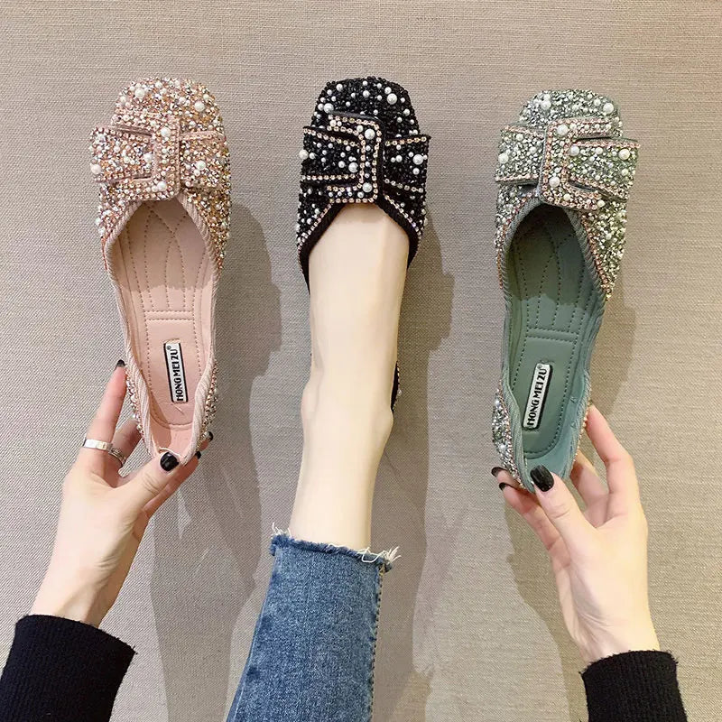Ladies Bling Crystal Diamond Black Pink Dress Flats Womens Bow Sequins Single Shoes Rhinestone Glitter Square Toe Ballet Flats Zpaxo