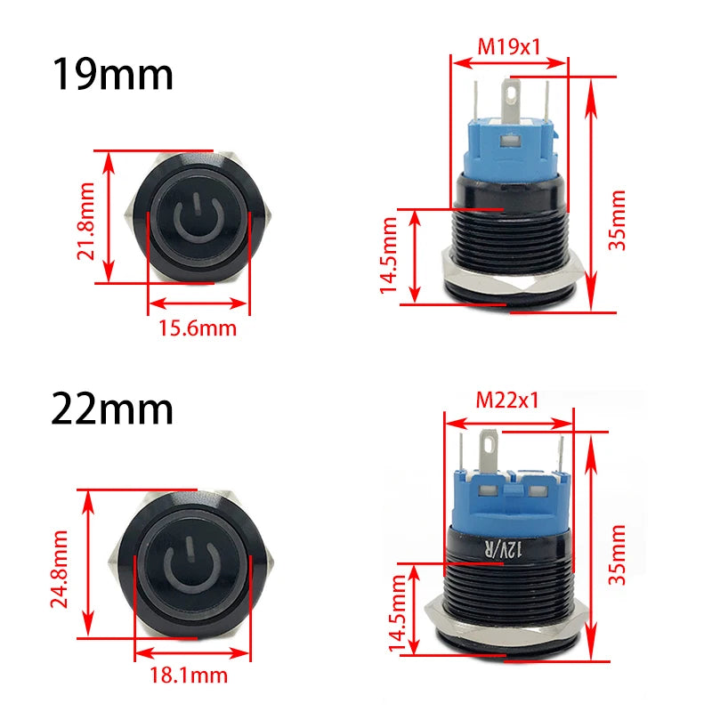 Black Metal Push Button Switch Start Stop 12/24/220V 16/19/22mm Connected LED Backlit Rocket Power Controller Momentary/Latching Zpaxo