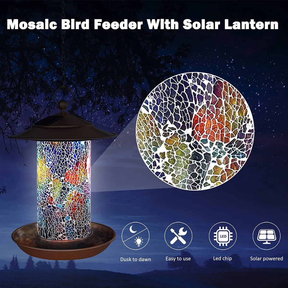 Solar Bird Feeder Light Outdoor Mosaic RGB Pendant Lights Hanging Zpaxo