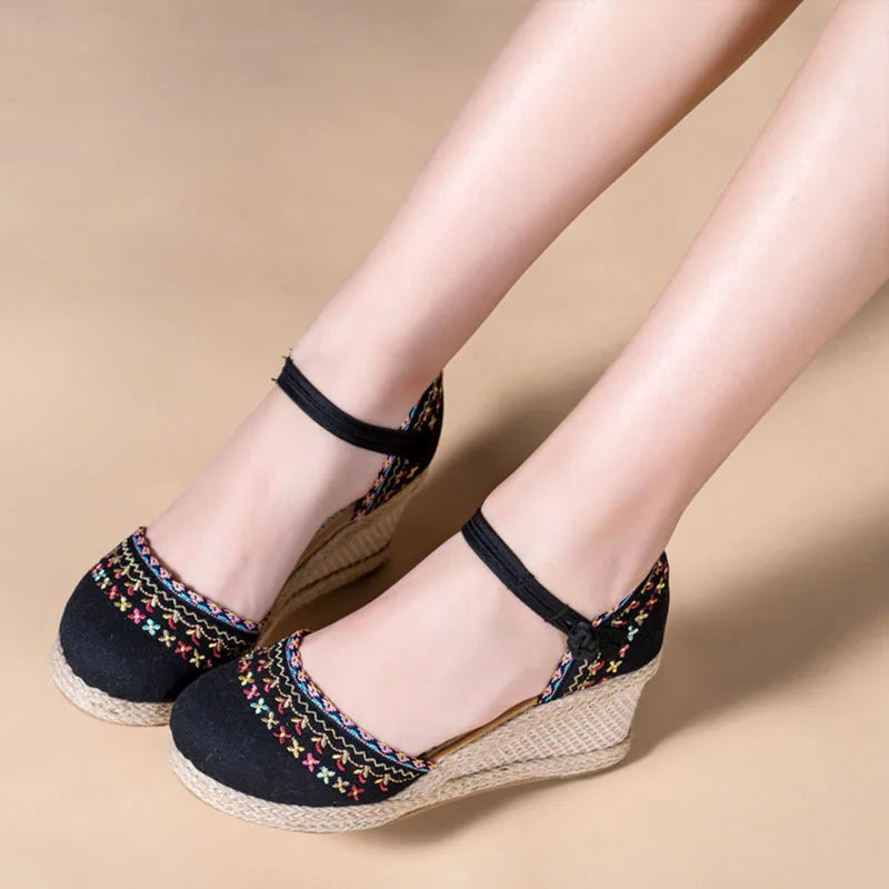 Bohemian Women Canvas Wedge Espadrilles Sandals Handmade Linen Ankle Strap 7cm High Heel Platforms Comfort Summer Shoes Zpaxo
