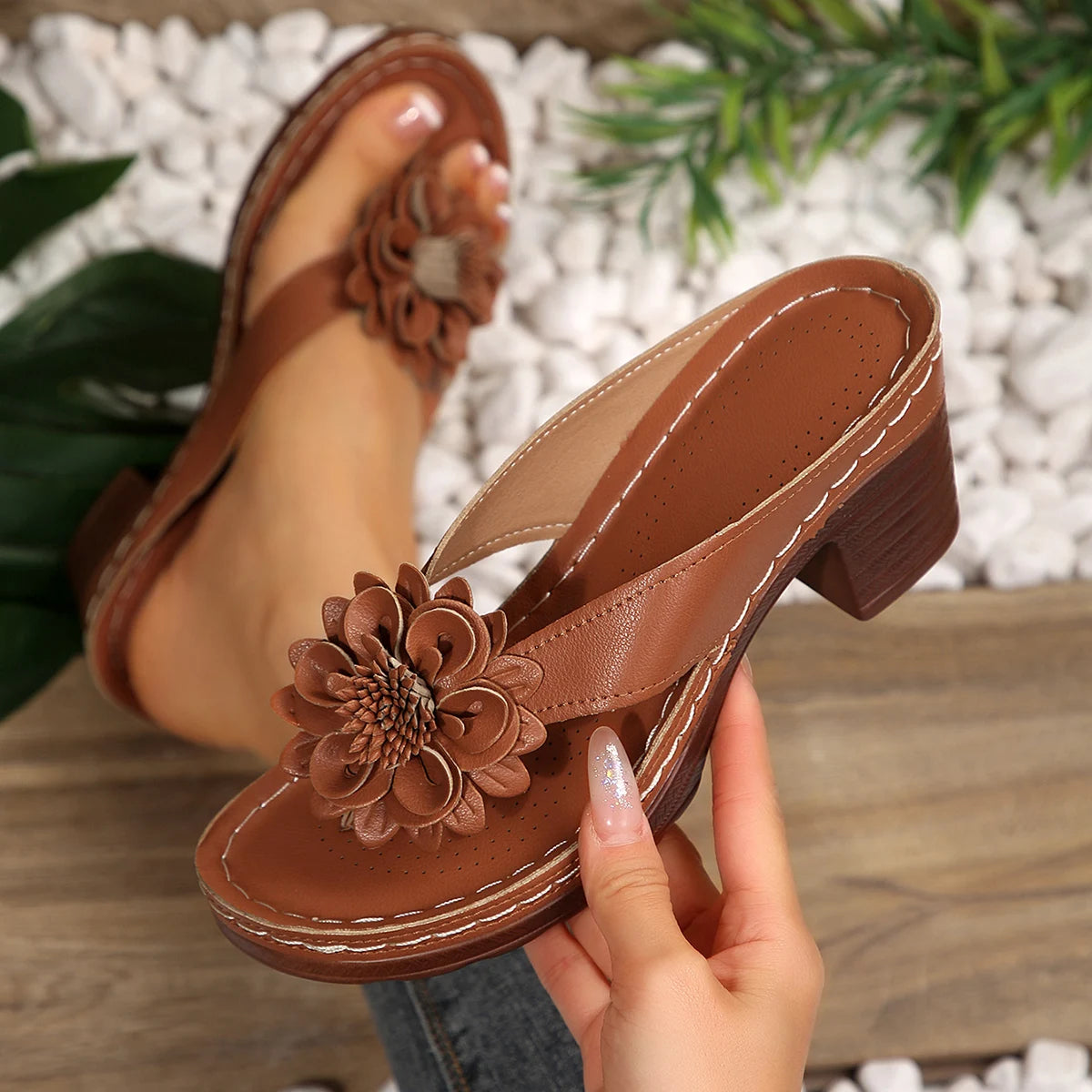 Women Sandals 2025 New Open Toe Platform Slippers Outdoor Casual Shoes Women Flower Decro Thongs Wedges Plus Size Sandals Zpaxo Brown 43