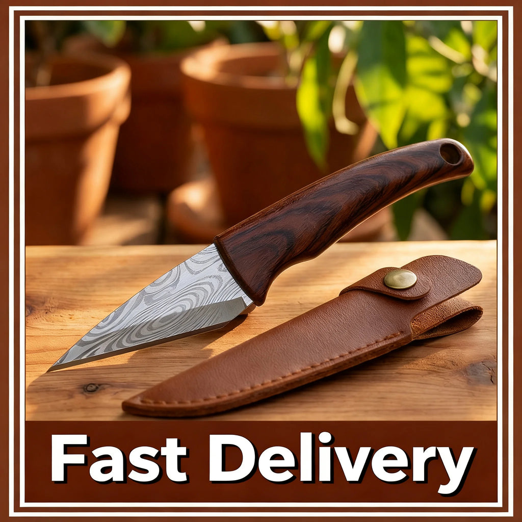 Grafting Knife with Wood Grain Handle & Leather Sheath Grafting Knife Zpaxo