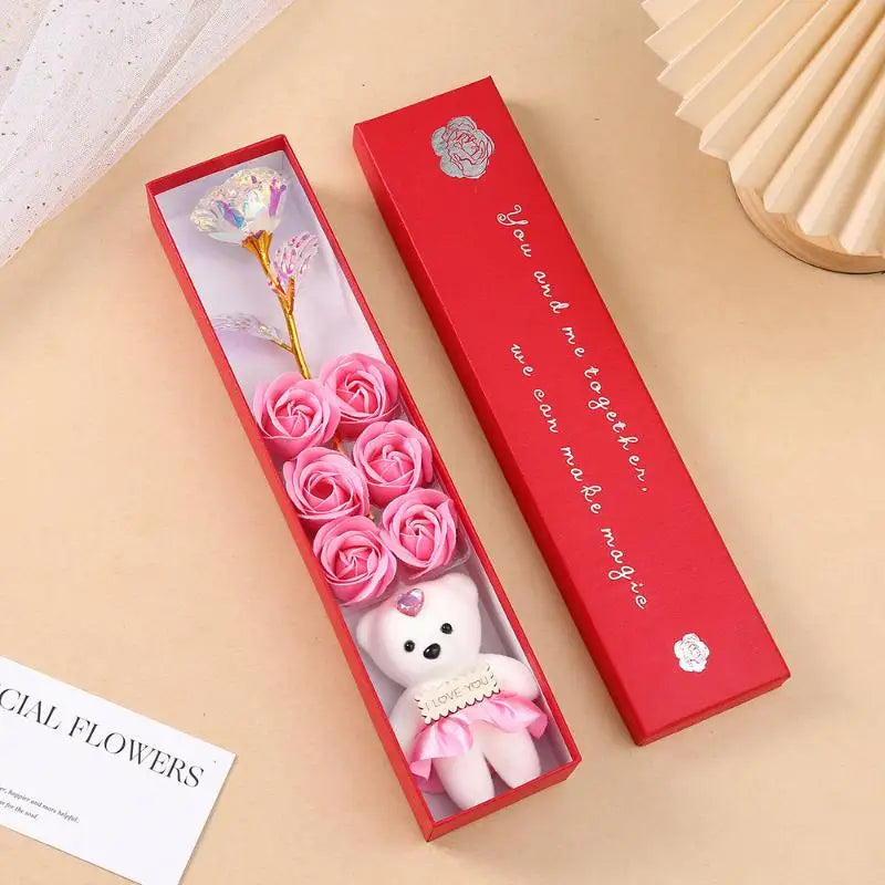 Plush Bear Artificial Flower Box Soap Rose Flowers Creative Romantic Zpaxo Pink