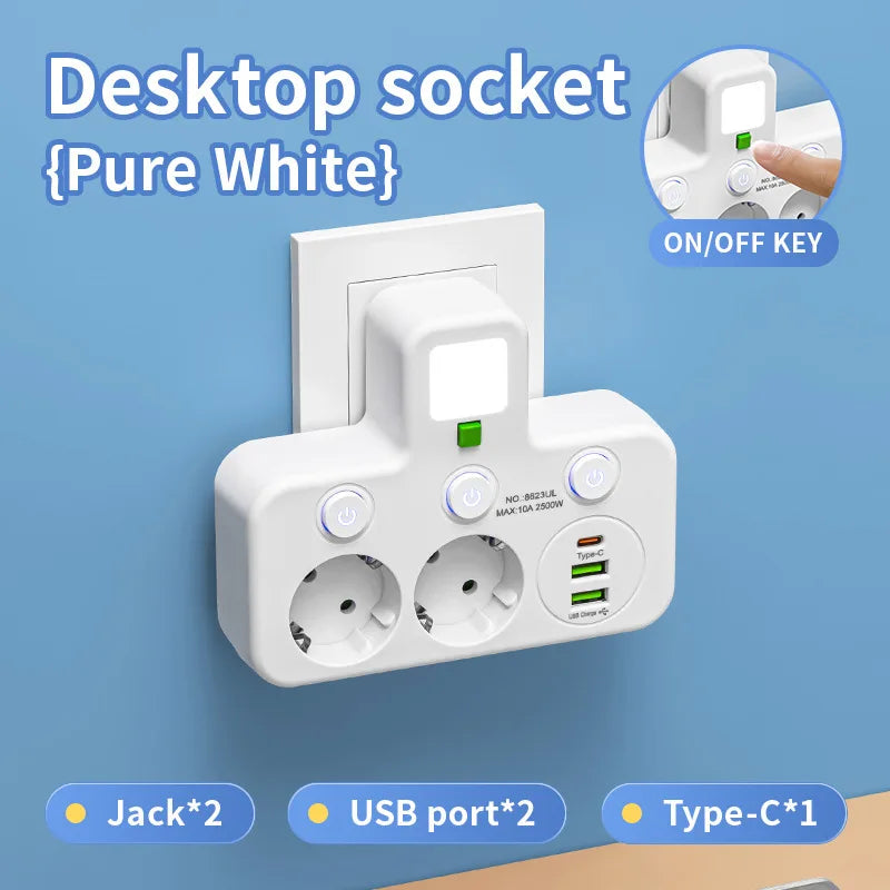 EU Power Sockets Usb Wall Socket Multiple European Plug Wall Mounted European Standard Socket USB-C Charging Power Sockets Zpaxo 2-White