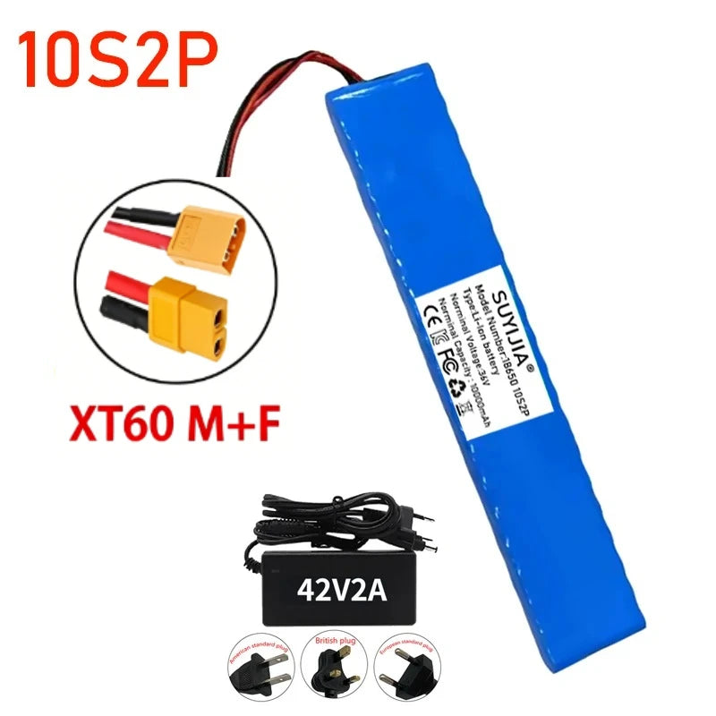 36V 10Ah 10S2P 18650 Rechargeable Lithium Battery Pack 10000mAh 42V-2A Charger Built-in BMS Protection Plate Scooter Battery Zpaxo XT60-M-F