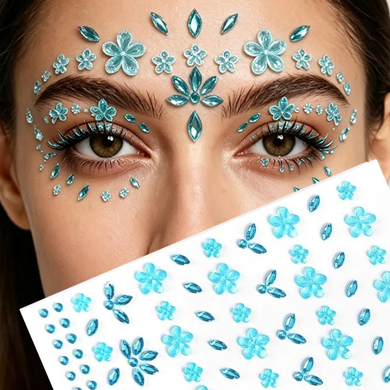 1/6 Sheet New Flower Face Sticker 3D Petal Rhinestone Eye & Face Tattoo Sticker Self Adhesive Crystal Jewel Diamond Stickers Zpaxo Blue