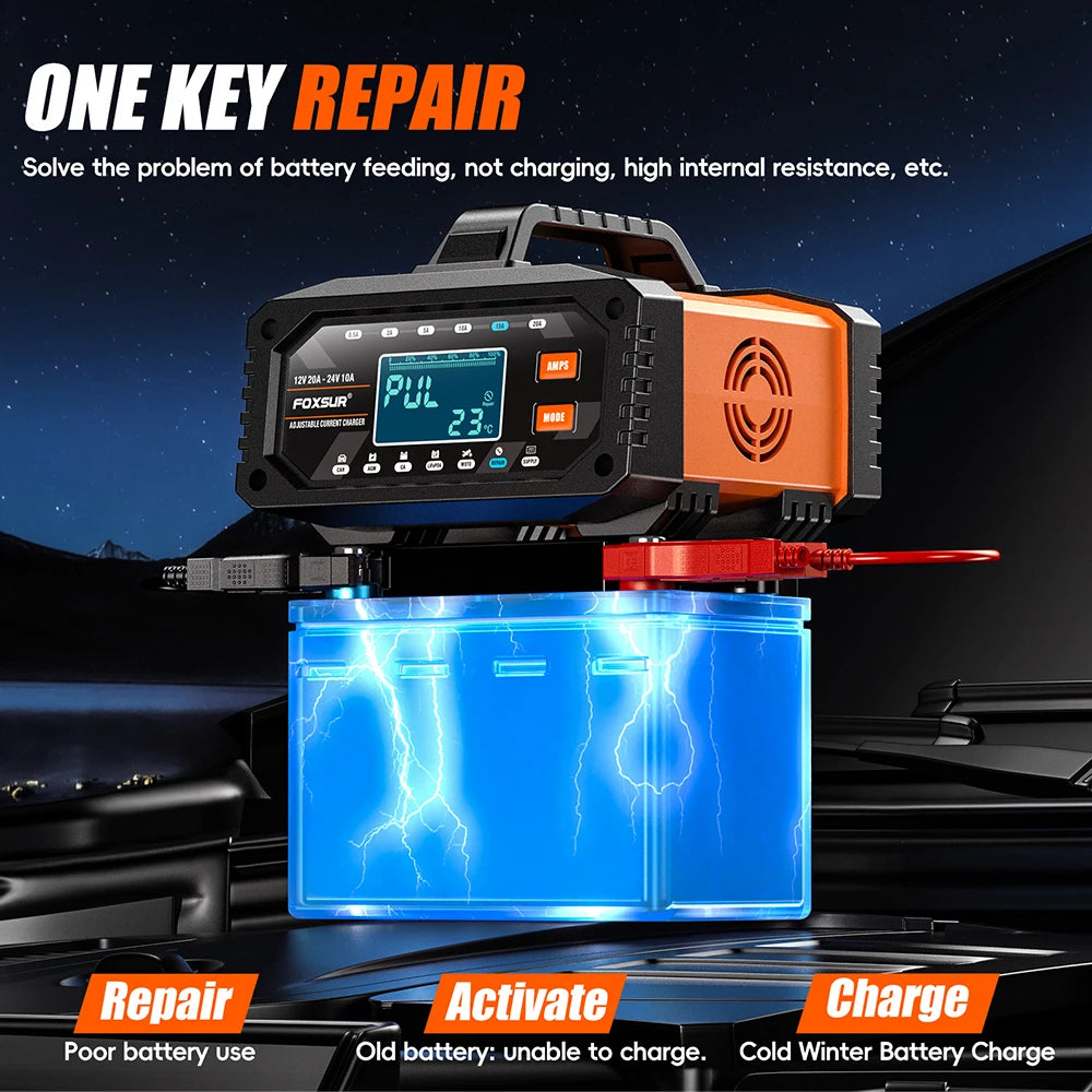 7 Stage Large Screen Digital Display Smart Battery Charger 12V 24V
