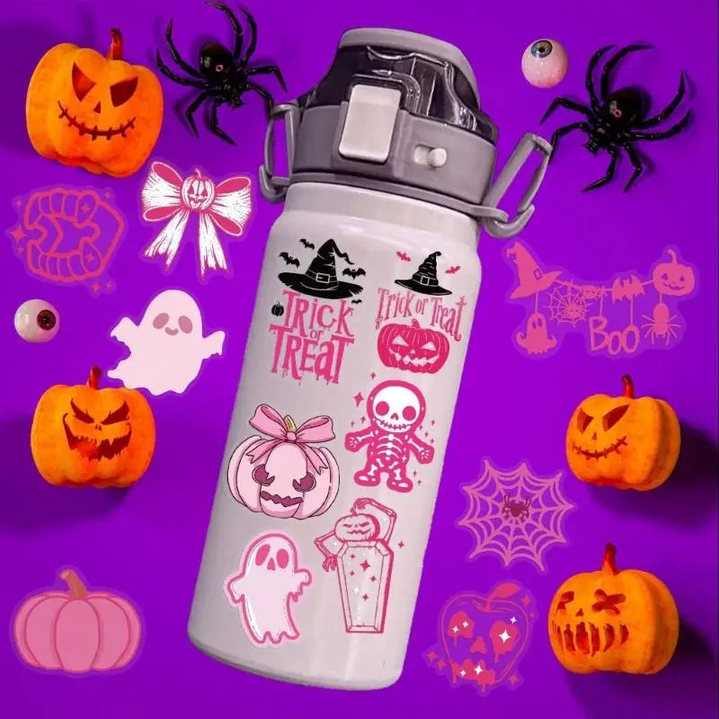 652F 50Piece Removable Cartoon Halloweens Stickers Pink Transparents Pet Material Multiple Device Compatible Diy Craft Supplies Zpaxo