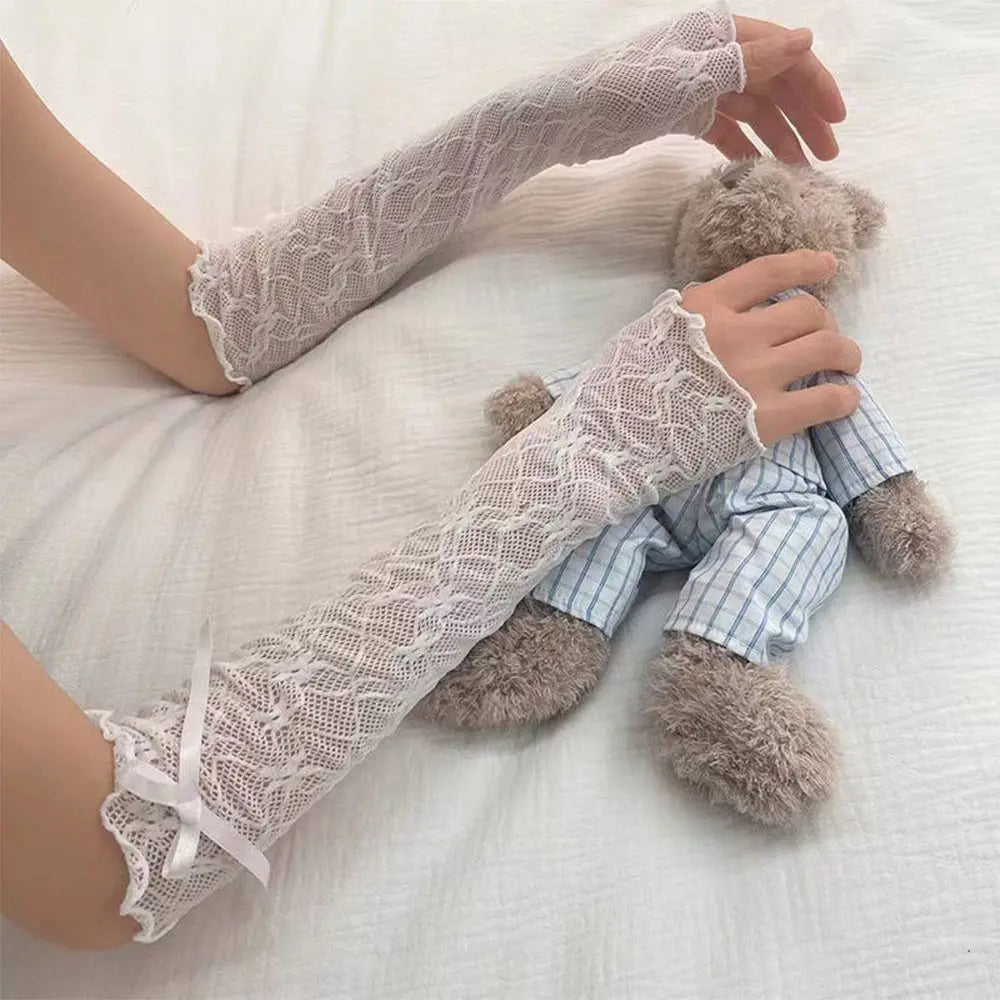 Lace Ruffle Lolita Lace Gloves Black White Bowknot Strapping Y2k Fingerless Mittens Mesh UV Protection Sunscreen Sleeve Zpaxo