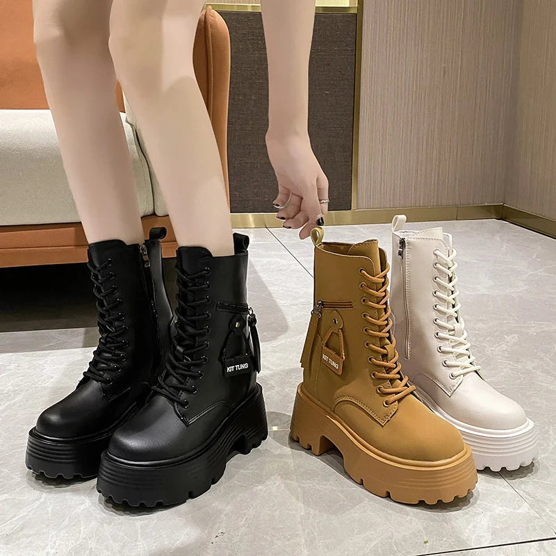 2023 Autumn Platform Mid-calf Boots Women Thick Sole Winter Leather Zpaxo