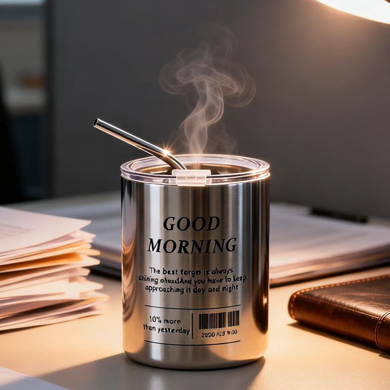 Vacuum Insulated Travel Coffee Mug 320ml – Stainless Steel & Straw
