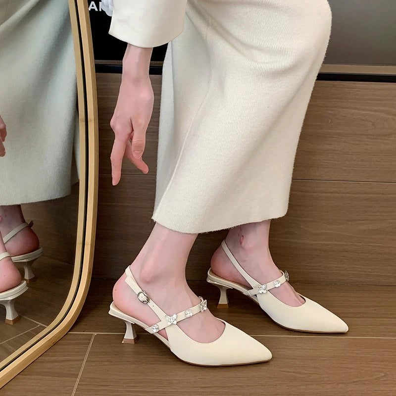 Slingback Kitten Heel Pumps Pointed Toe Rhinestone Butterfly Strap Zpaxo