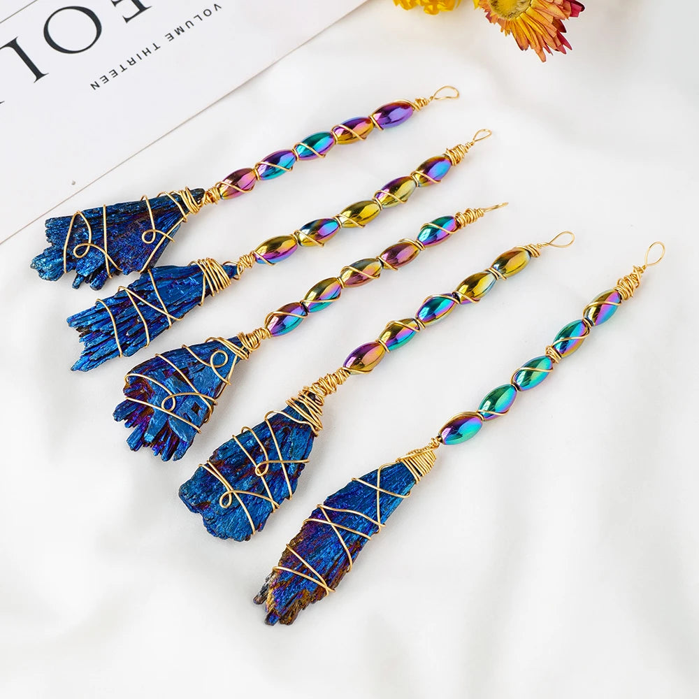 Natural Crystal Broom Black Tourmaline Aura Blaze Blue Feather Shape DIY Sweeper Witchcraft Ornaments Zpaxo