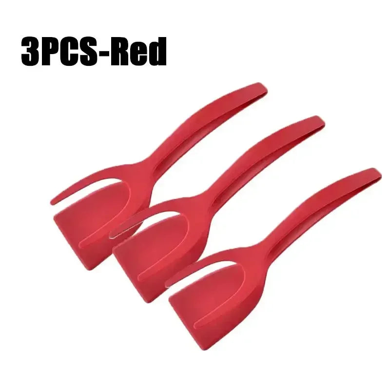 2-in-1 Egg Spatula Tongs Cooking Utensils Kitchen Accessories Pancake Cooking Machine Flip Pliers Nylon Clip Gadget Tools Zpaxo 3PCS-Red
