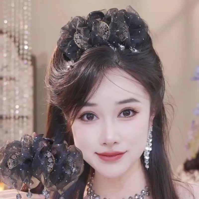 Modern Mesh Tulle Tassel Hair Claw Women Gleaming Zircon Beauty Zpaxo