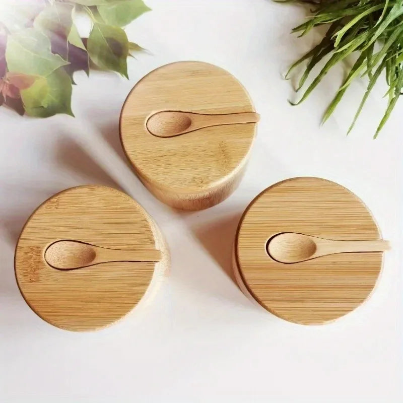 Salt Seasoning Jars Pepper Jar Bamboo Condiment Box Bowl Storage Pot Set Wood Sugar Container Holder Lid Function Multi Bowls Zpaxo