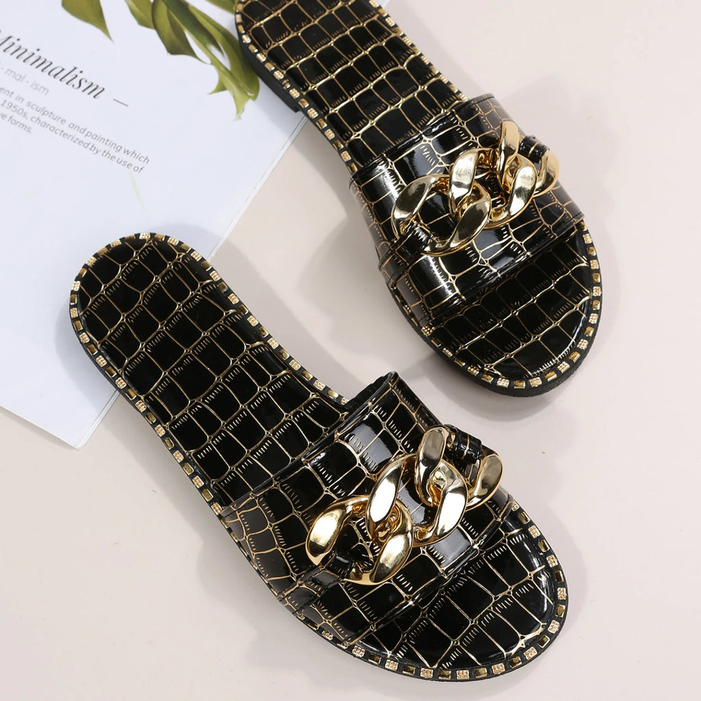 Women Slippers Fashion Sexy Chain Lock Solid Sandals Roman Flat Zpaxo