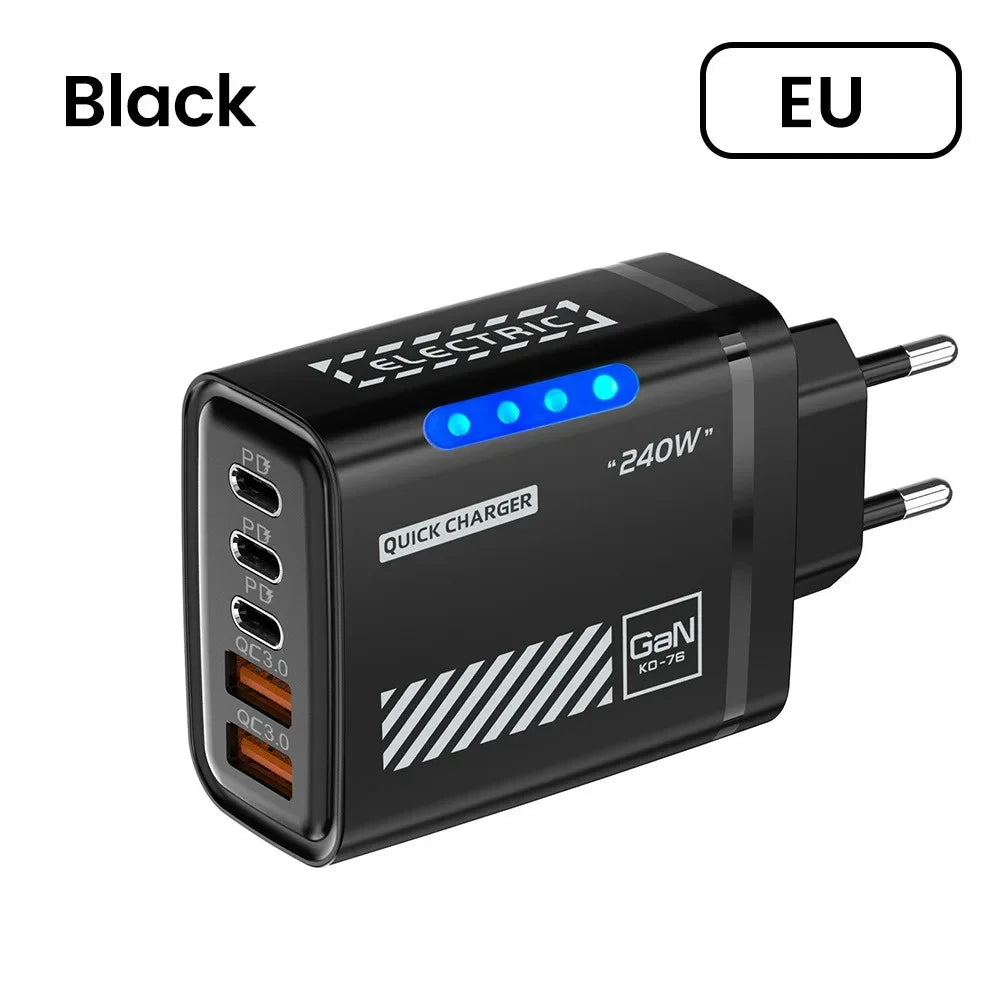 240W 5-Port USB-C Fast Charger – iPhone, Samsung & iPad USB-C Multi-Port Charger Zpaxo EU Black UK
