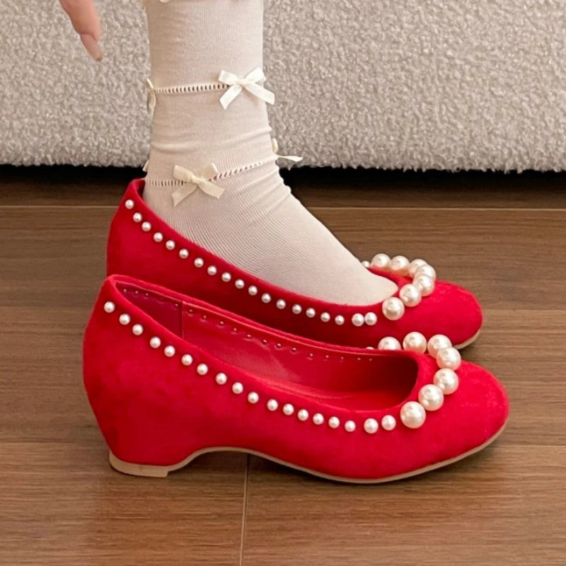 2026 Spring Autumn Vintage Solid Comfortable Pearl Embellishment Heel Zpaxo Red 39