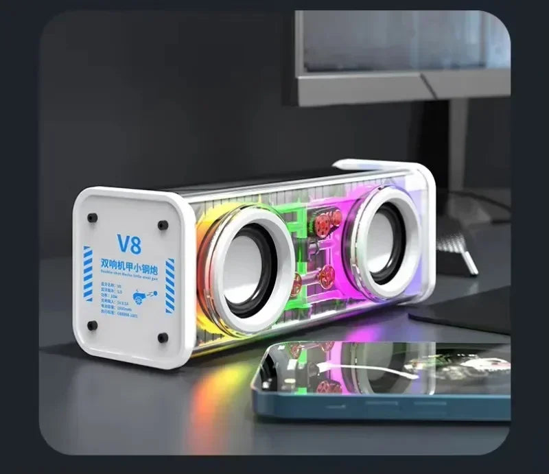 V8 Transparent Mecha Speakers Bluetooth 5.0 Wireless Double Bass Diaphragm Subwoofer Music TWS RGB Light Mini Party Loudspeaker Zpaxo WHITE