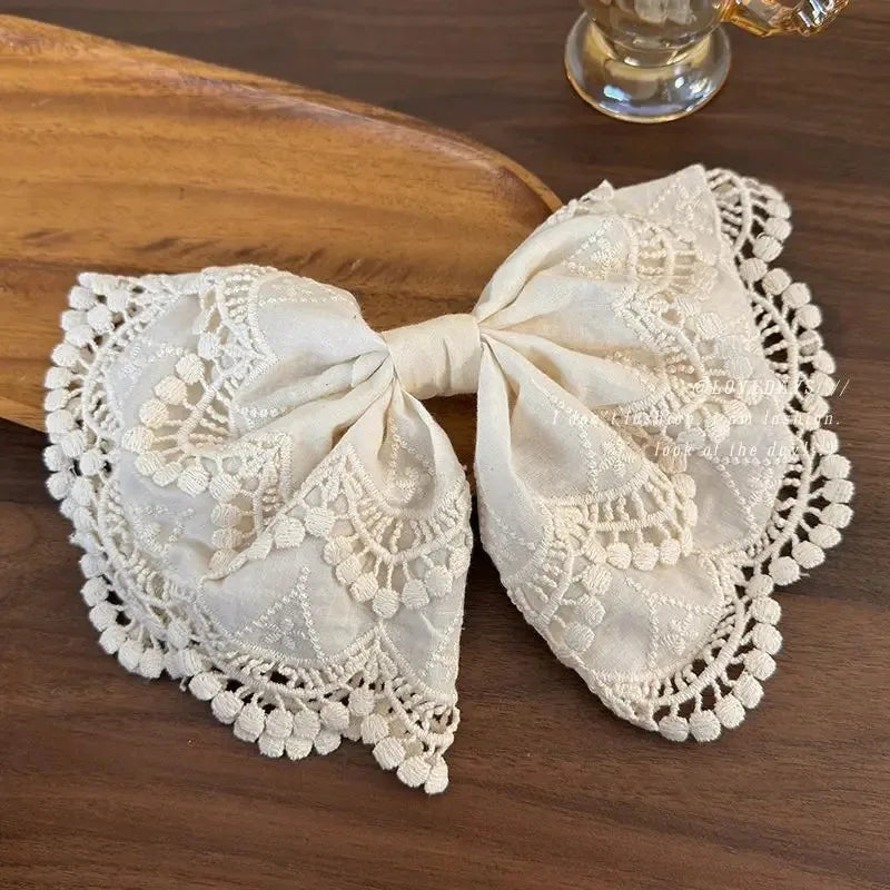 Beige Floral Embroidered Lace Bow Hair Clip Sweet Fashionable Girls