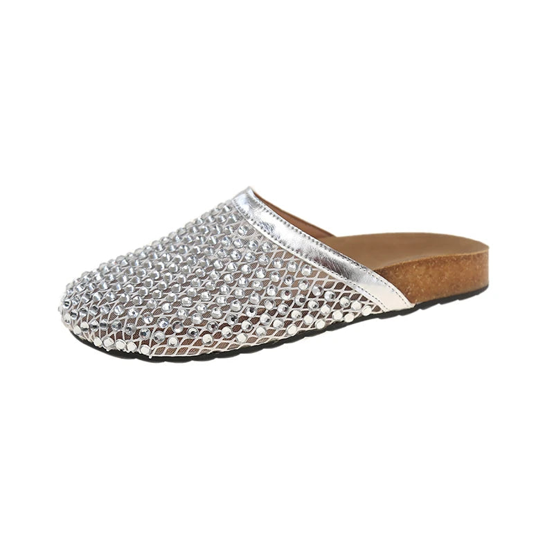 Sandals for Women's 2025 Summer New Luxury Brand Slippers Lightweight Round Head Shoes Water Diamond Flat Slides Women Sandals Zpaxo Silver 38