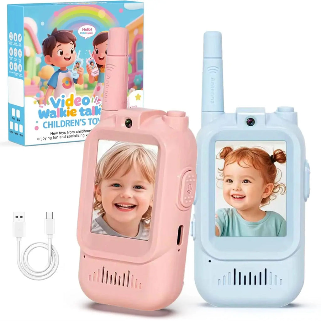 Kids Video Walkie Talkie Set With HD Screen Rechargeable Interphone Toy Voice Changer For Indoor Camping One-Click Call Intercom Zpaxo Blue And Pink