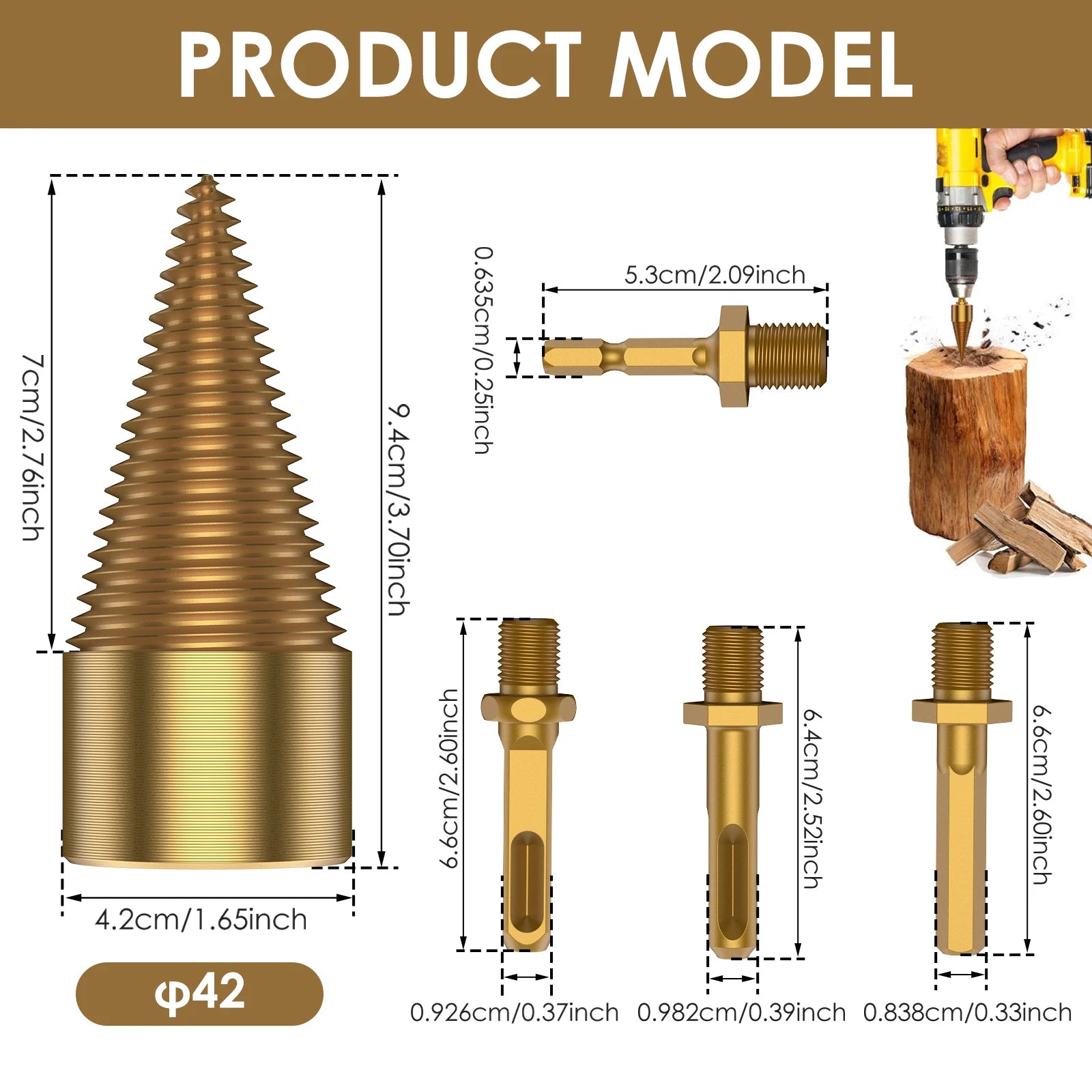 1/2PC Firewood Log Splitter 32/42mm Sturdy High-Carbon Steel Wood Log Splitter Screw Cones Drill Bit with Hex/Round/Square Shank Zpaxo UpgradeGlod42mm