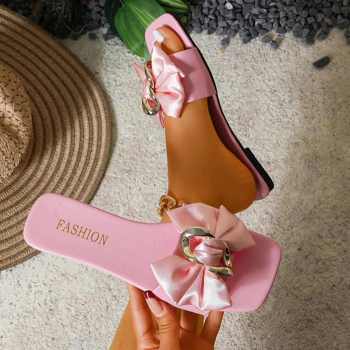 Women Slippers Flat Large Size Trend Women Shoes Summer Fashion Bow Slippers Casual Designer Sandals Lightweight Slides Women Zpaxo Pink 40