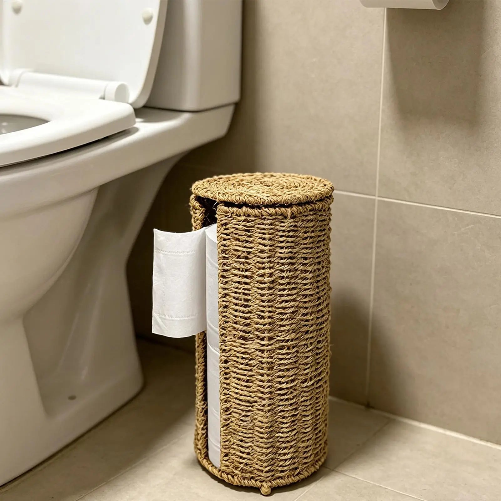 Toilet Paper Holder Handwoven storage basket No-Drill Bathroom Organizer with Cup Holder Bathroom Organizer Bathroom Decor Zpaxo