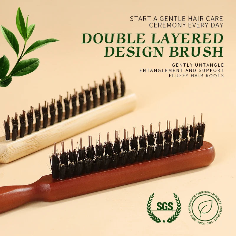 Custom Logo Boar Bristle Hair Brush Salon Teasing Back Fluffy Comb Wood Slim Line Hairbrush Extension Hairdressing Styling Tools Zpaxo
