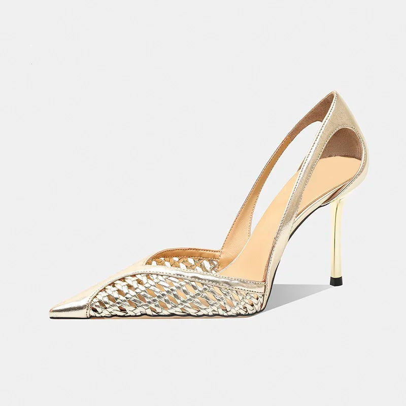 Women Pumps Fashion Hollow Weaving Shoes Pointed Tip Heels Stiletto Zpaxo Gold 42