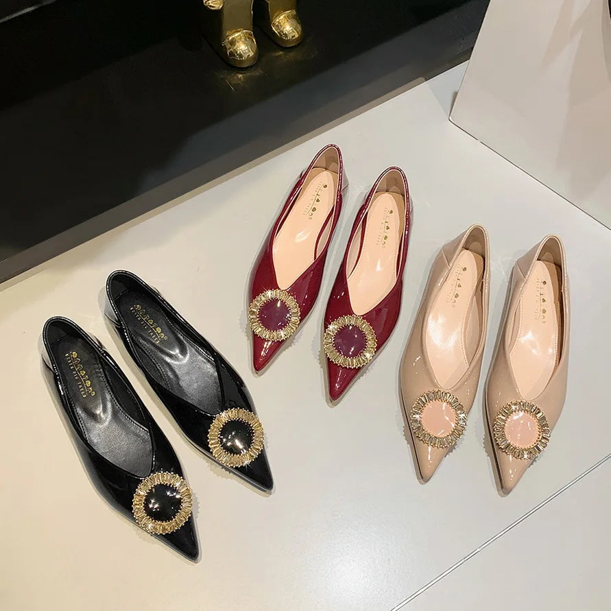 Flat Shoes for Women Spring and Autumn Shiny Patent Leather Shallow Mouth Pointed Metal Rhinestone Buckle Ladies Shoes Women Zpaxo