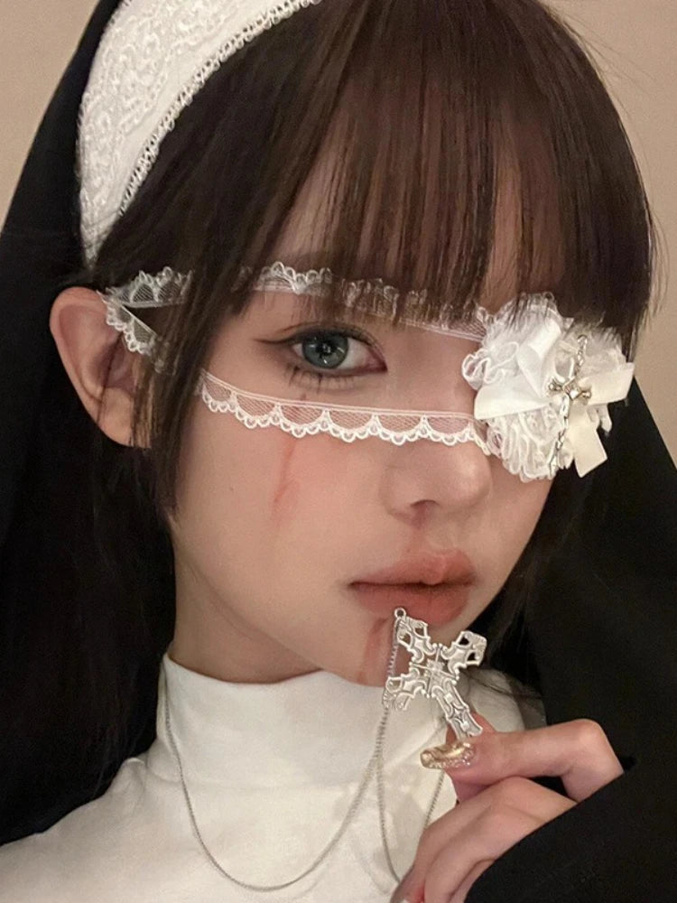 Sweet Edgy Black White Lace Bow Heart Cross Eye Mask Halloween Lolita