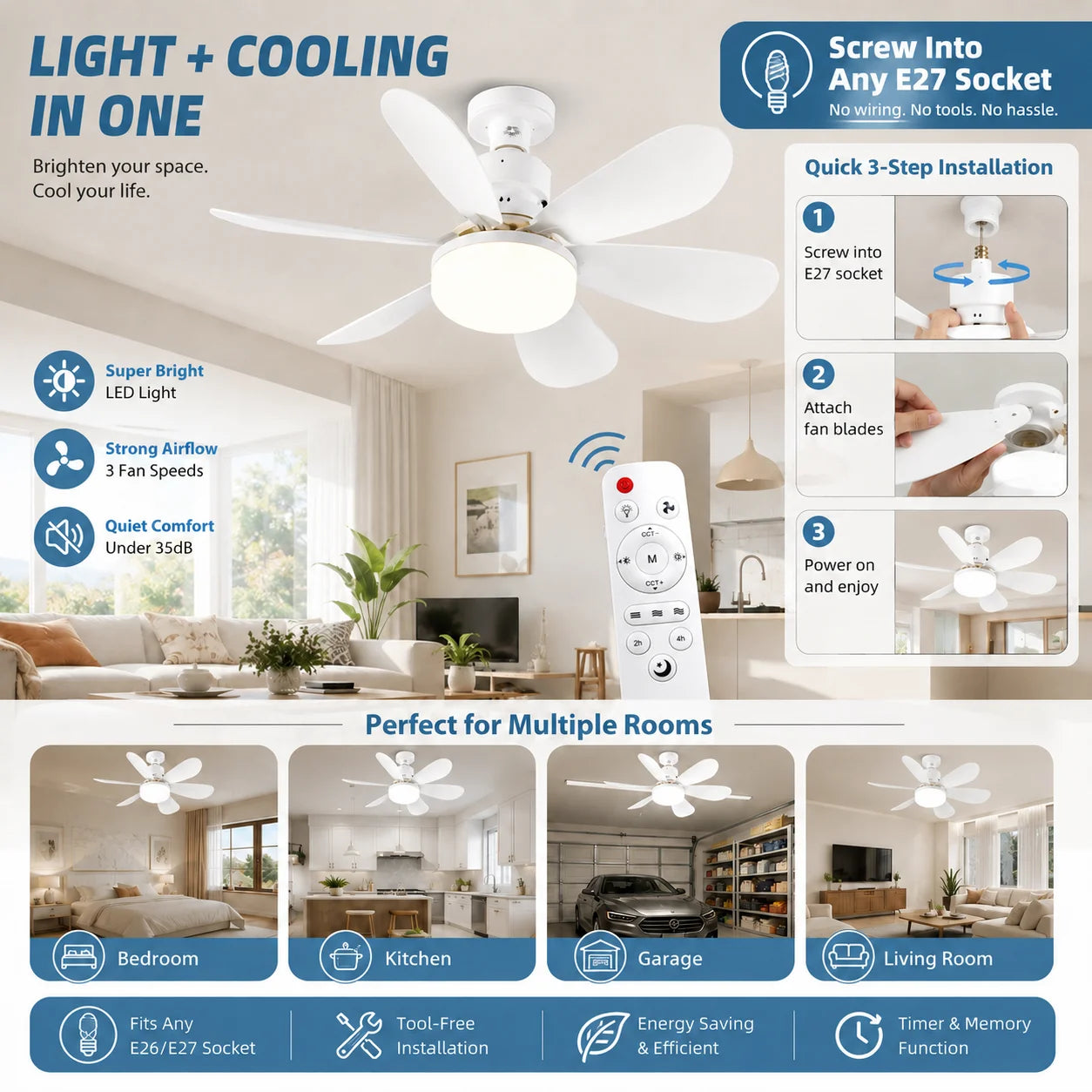 E27 LED Ceiling Fan Light with Remote 3 Color Dimmable Fan Lamp Rotatable Converter Base for Bedroom Living Room Kitchen Zpaxo